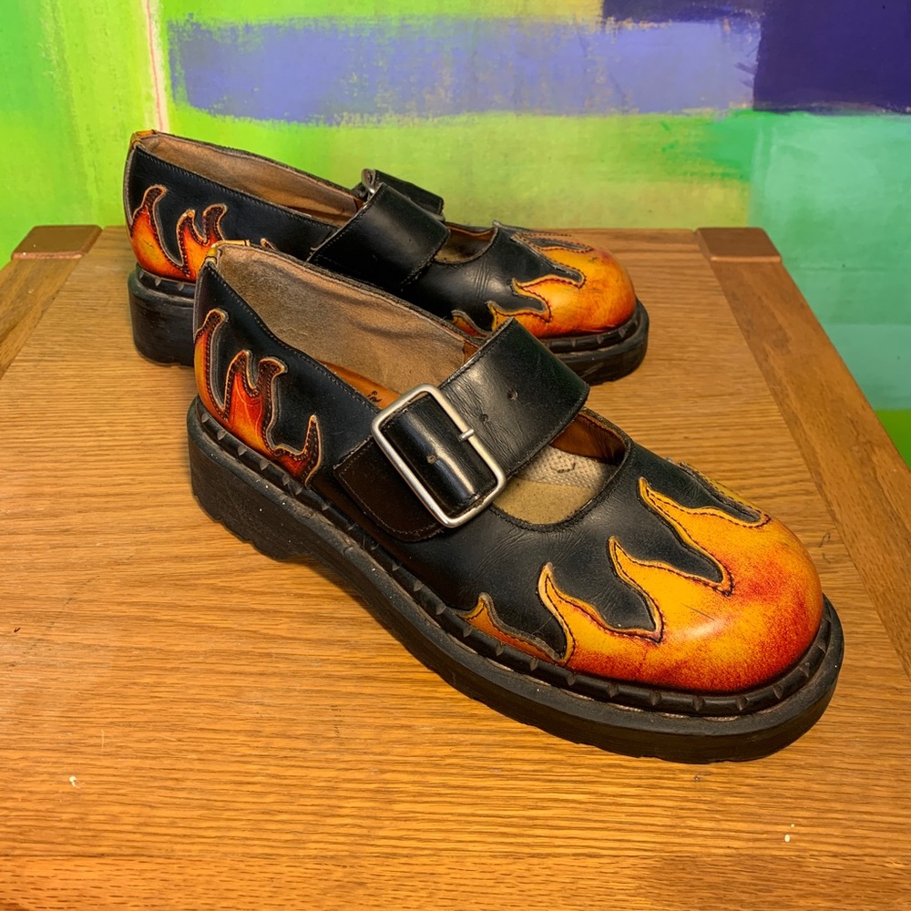 Tred Air Black Leather Flame Mary Jane Punk Rocabilly Shoes. Size 7.